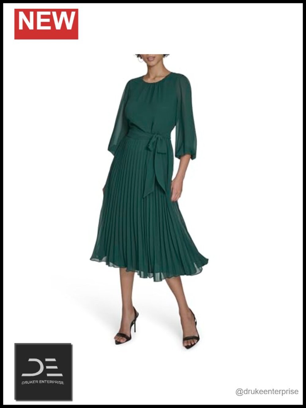Women's 3/4 Sleeve Jewel Neck Belted Chiffon Pleated Midi Dress